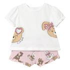 Younger Girls White & Pink Teddy Bear Shorts Set, 1, hi-res