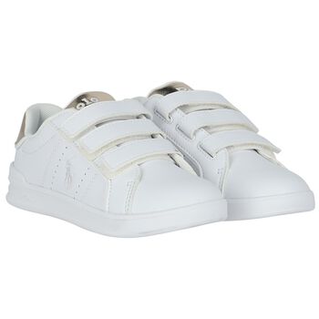 White & Gold Velcro Logo Trainers