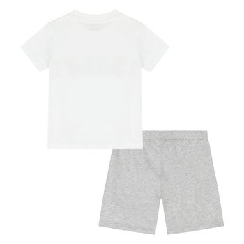 Younger White & Grey Teddy Bear Logo Shorts Set