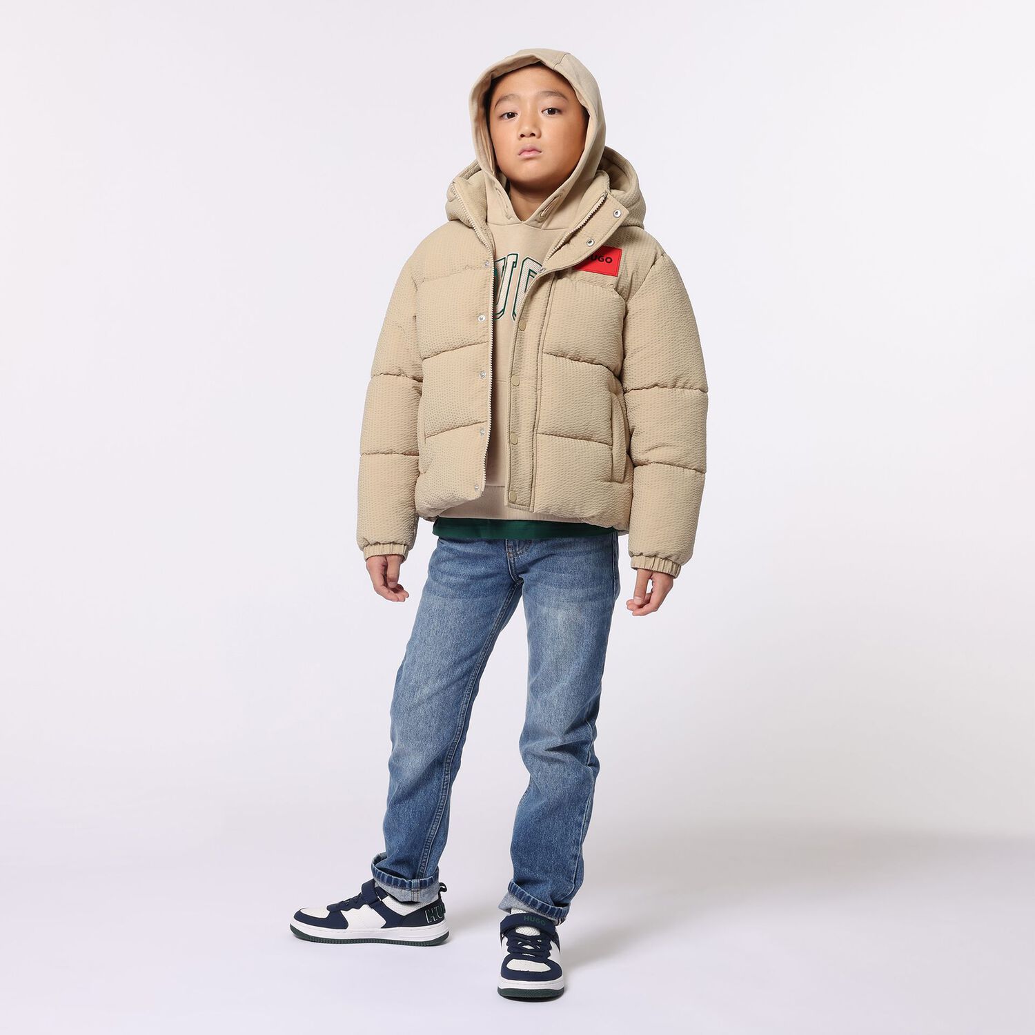 Boys Beige Logo Hooded Top, 1, hi-res