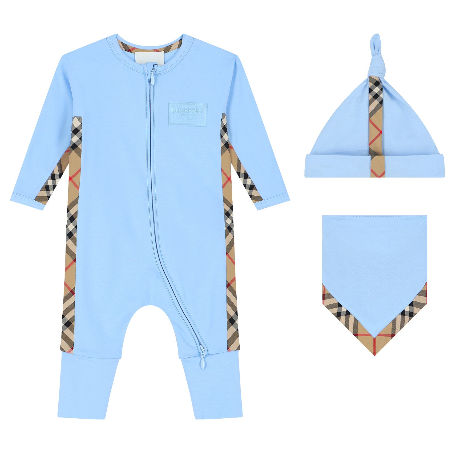 Burberry Baby Boys Blue Beige Romper Gift Set Junior Couture UK