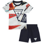 Baby Boys White & Navy Blue Logo Shorts Set, 2, hi-res