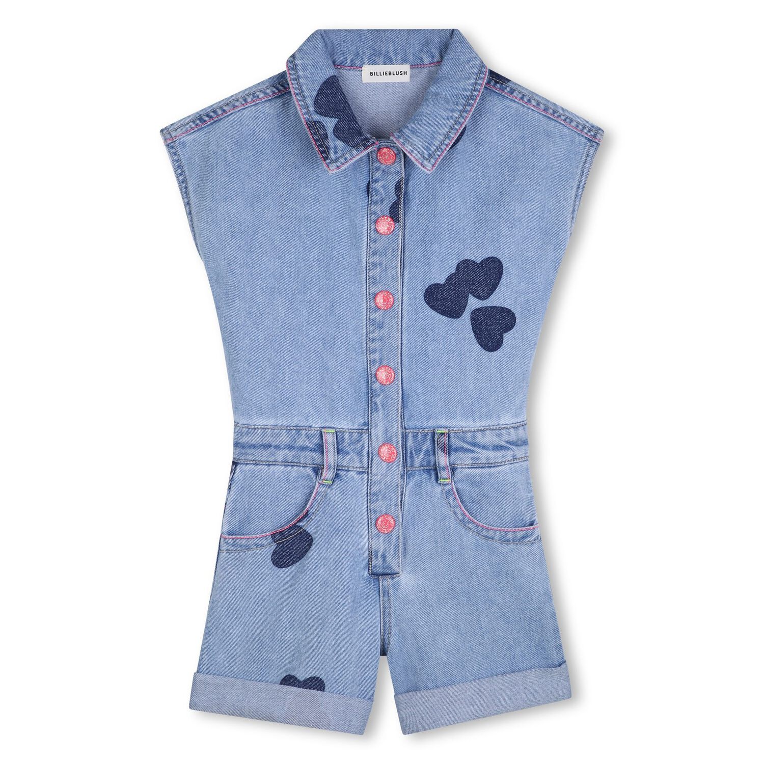 Girls Blue Heart Denim Playsuit, 1, hi-res