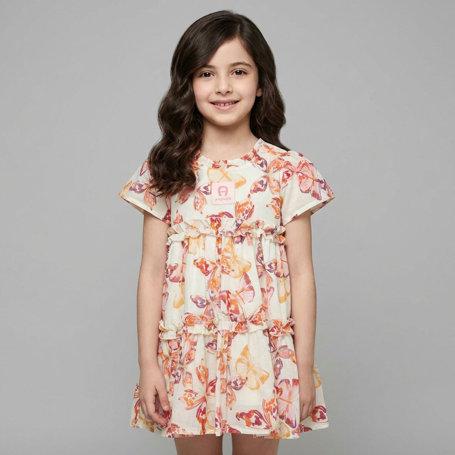 Younger Girls Ivory & Pink Butterflies Logo Dress, 3, hi-res