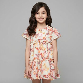 Younger Girls Ivory & Pink Butterflies Logo Dress