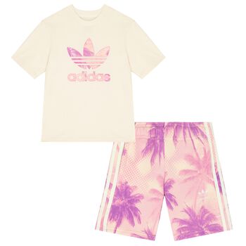 Girls Beige & Pink Logo Shorts Set