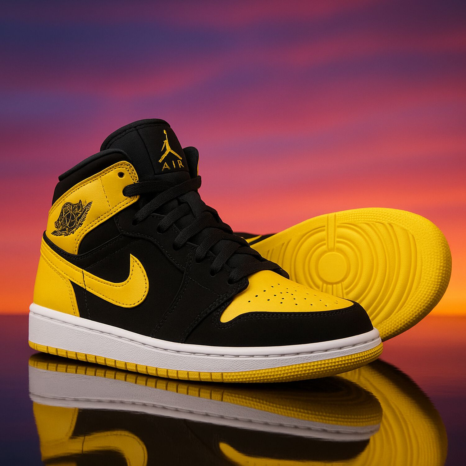 Black, Yellow & White Air Jordan 1 Mid Trainers, 1, hi-res image number null