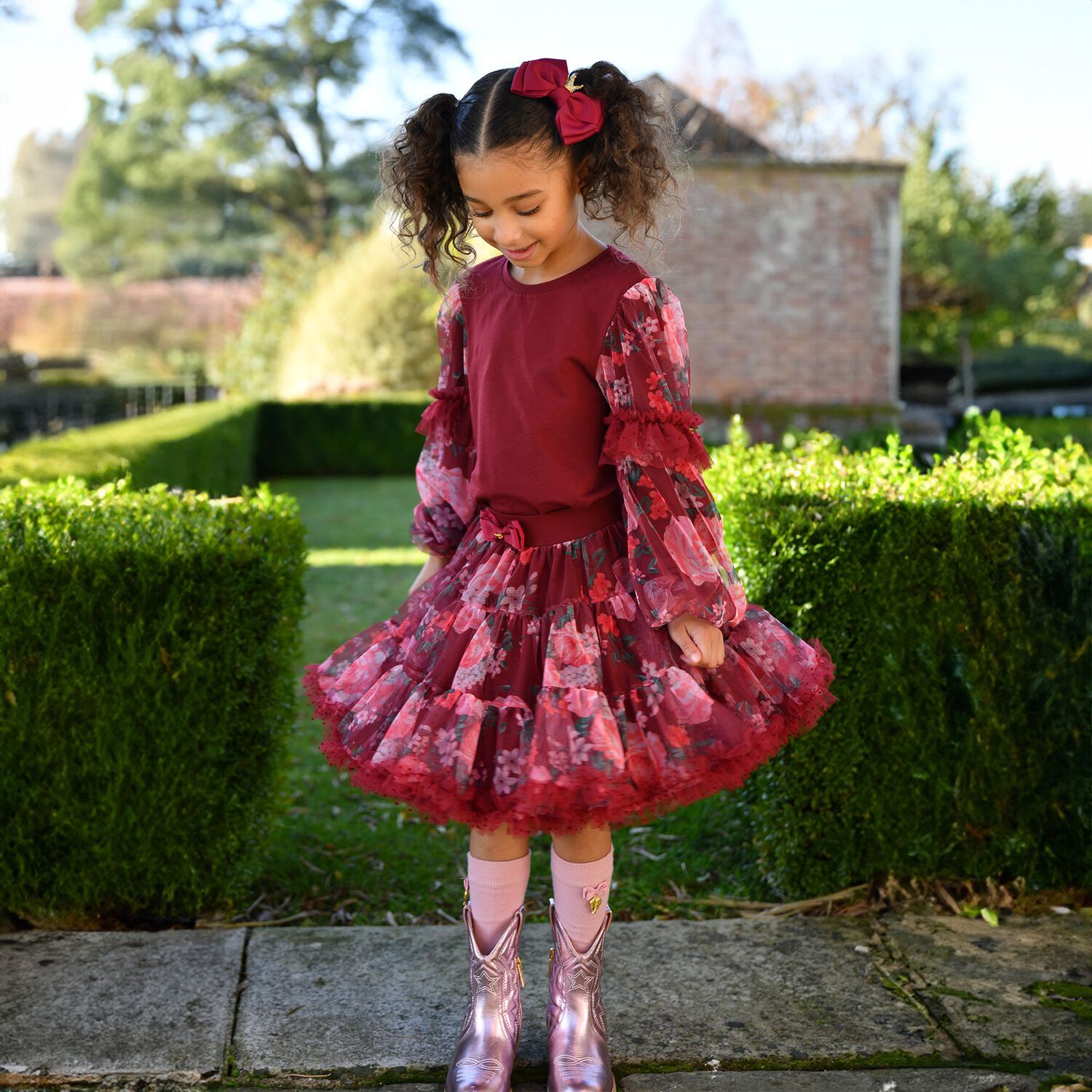 Girls Burgundy Floral Pixie Tutu Skirt, 1, hi-res