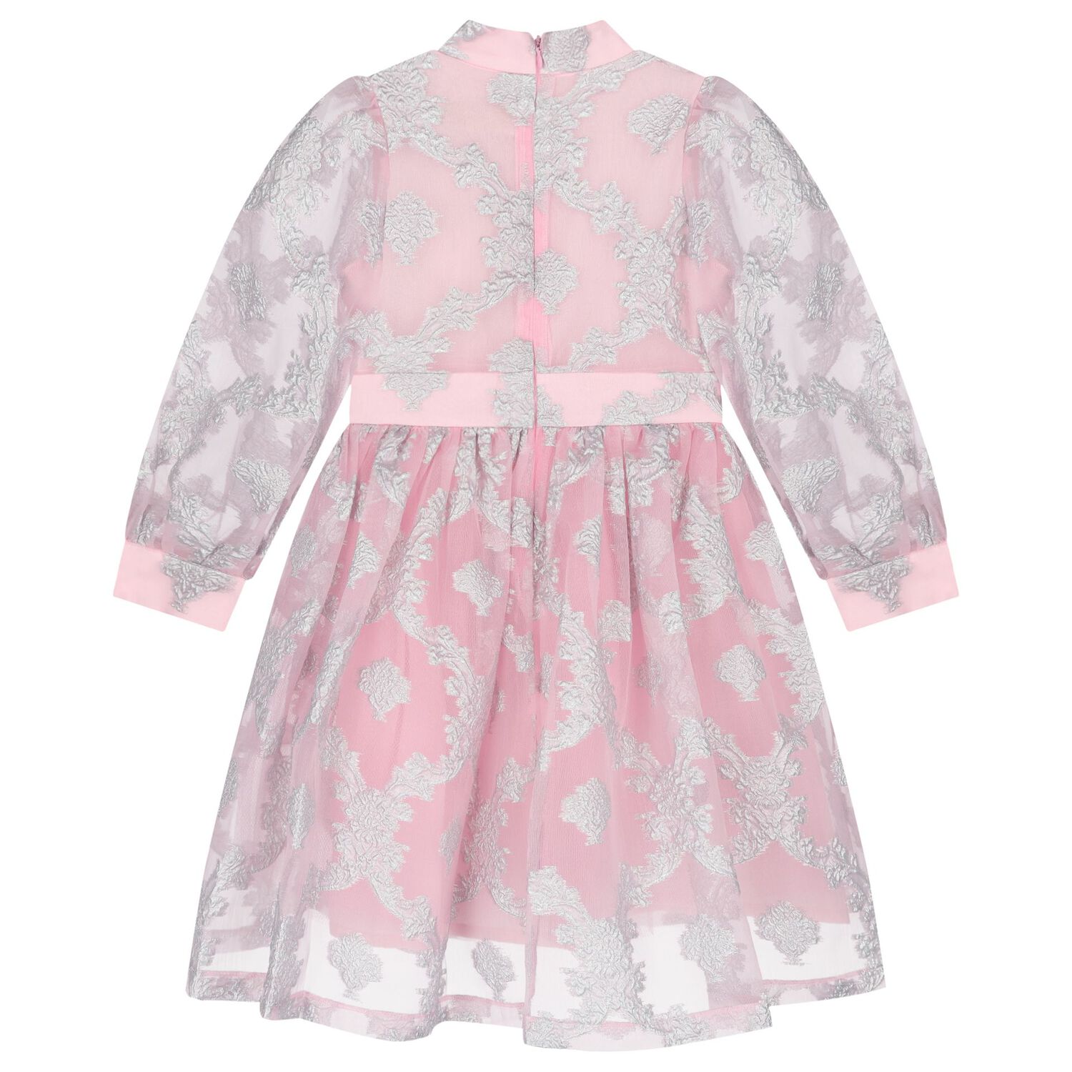 Girls Pink & Silver Jacquard Floral Dress, 1, hi-res