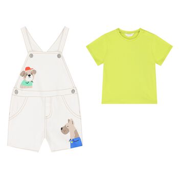 Baby Boys Ivory & Green Dungaree Set
