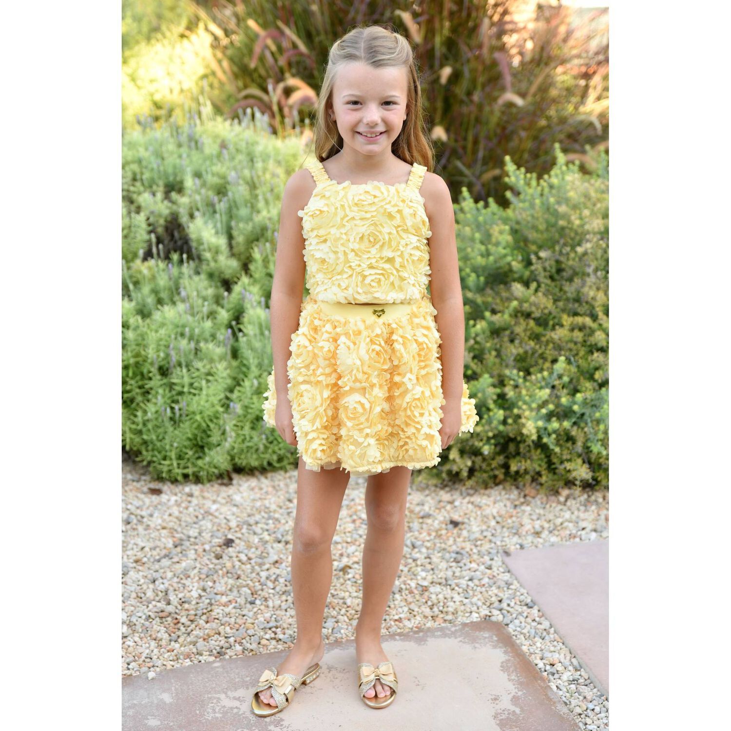 Girls Yellow Flower Tulle Skirt, 1, hi-res