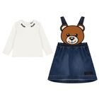 Younger Girls Ivory & Blue Denim Teddy Bear Skirt Set, 2, hi-res