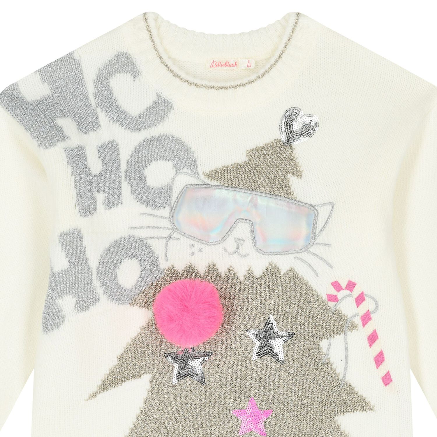 Girls Ivory & Gold Festive Christmas Tree Jumper, 1, hi-res