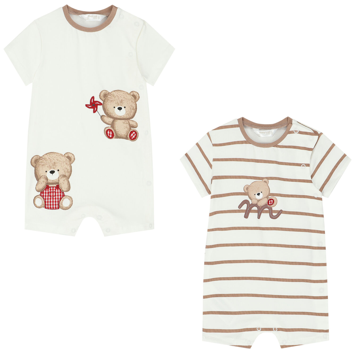 Baby Boys Ivory & Beige Teddy Rompers (2 Pack), 2, hi-res