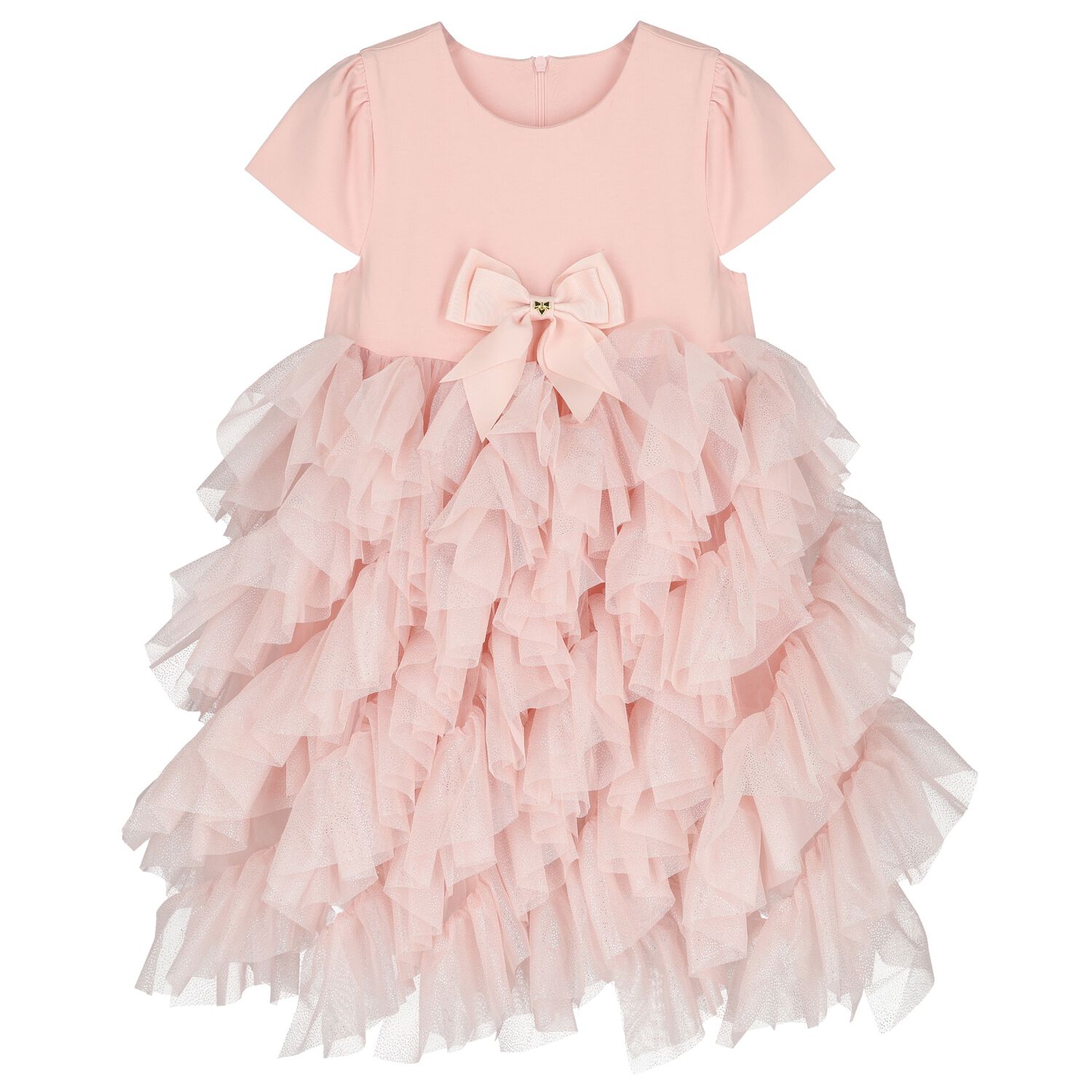 Girls Pink Bow Tulle Dress, 1, hi-res