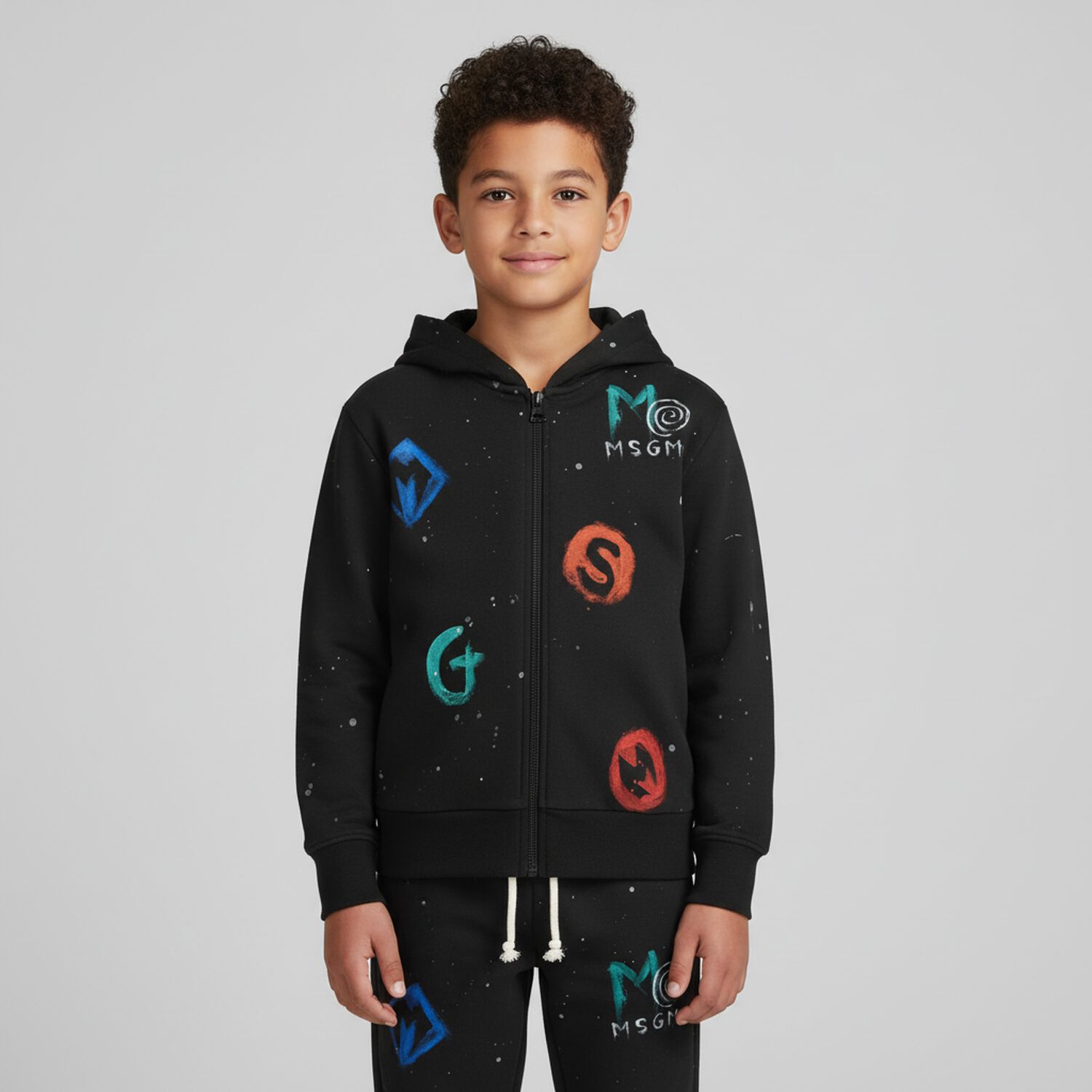 Black Logo Hooded Zip Up Top, 1, hi-res