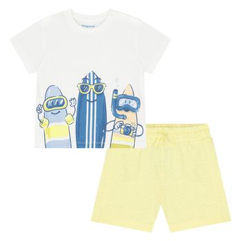 Younger Boys White & Yellow Cotton Shorts Set