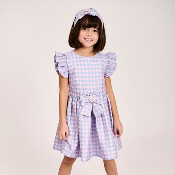Girls Blue & Pink Houndstooth Dress