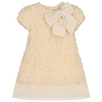 Girls Beige Bow Ruffled Tulle Dress
