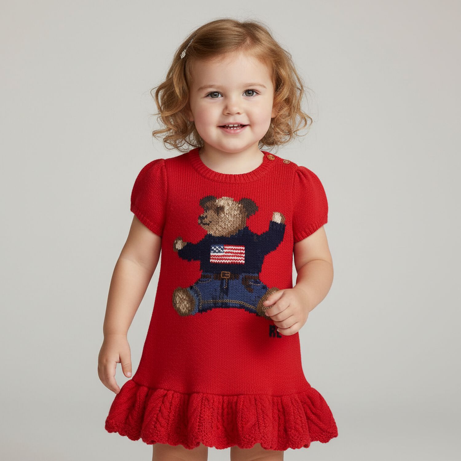 Baby Girls Red Logo Polo Bear Dress, 1, hi-res