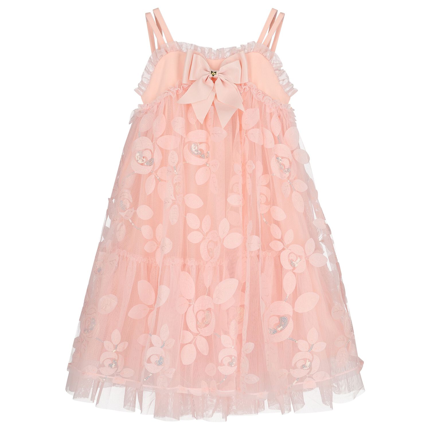 Girls Pink Appliqued Tulle Dress, 2, hi-res