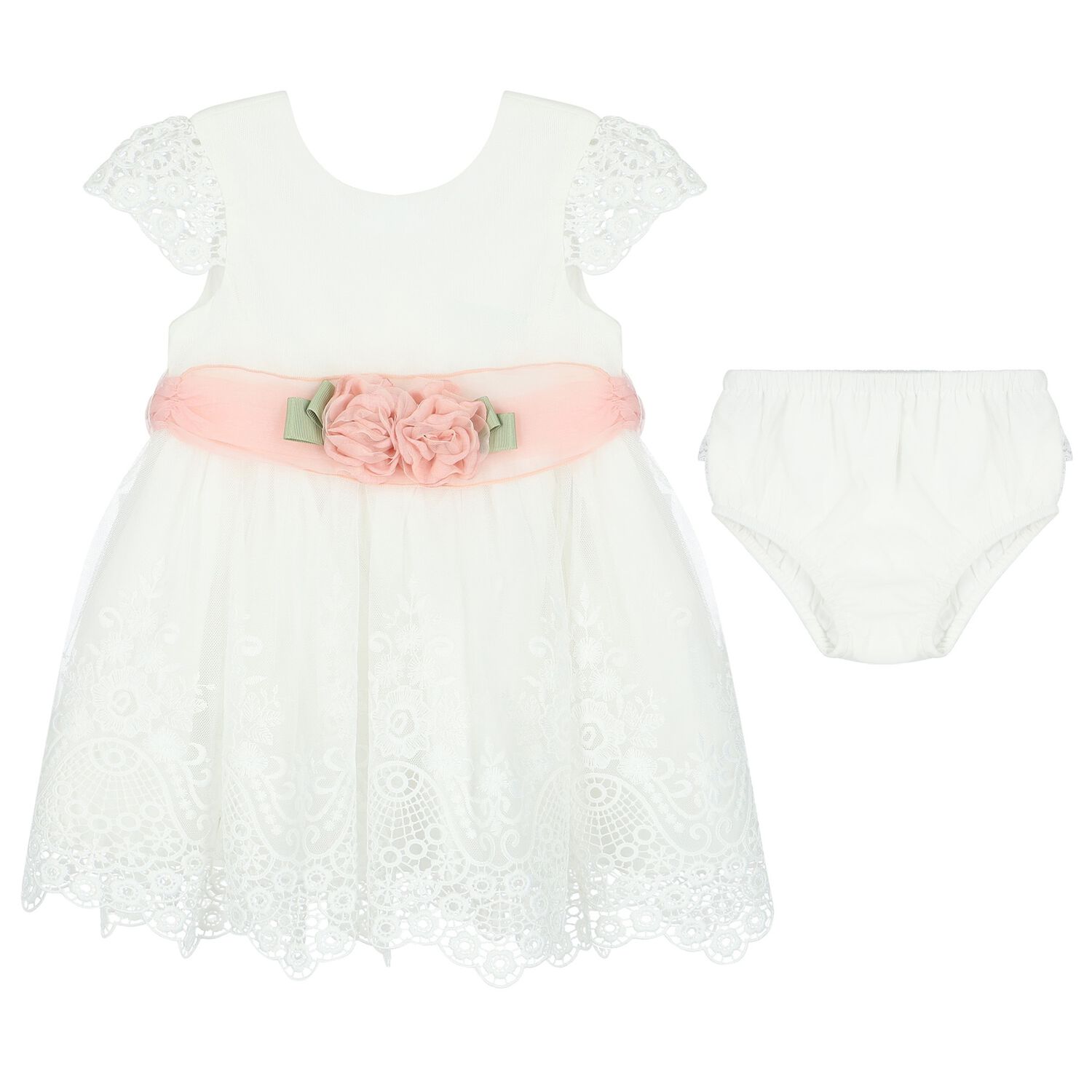 Younger Girls White Flower Lace & Tulle Dress, 1, hi-res image number null