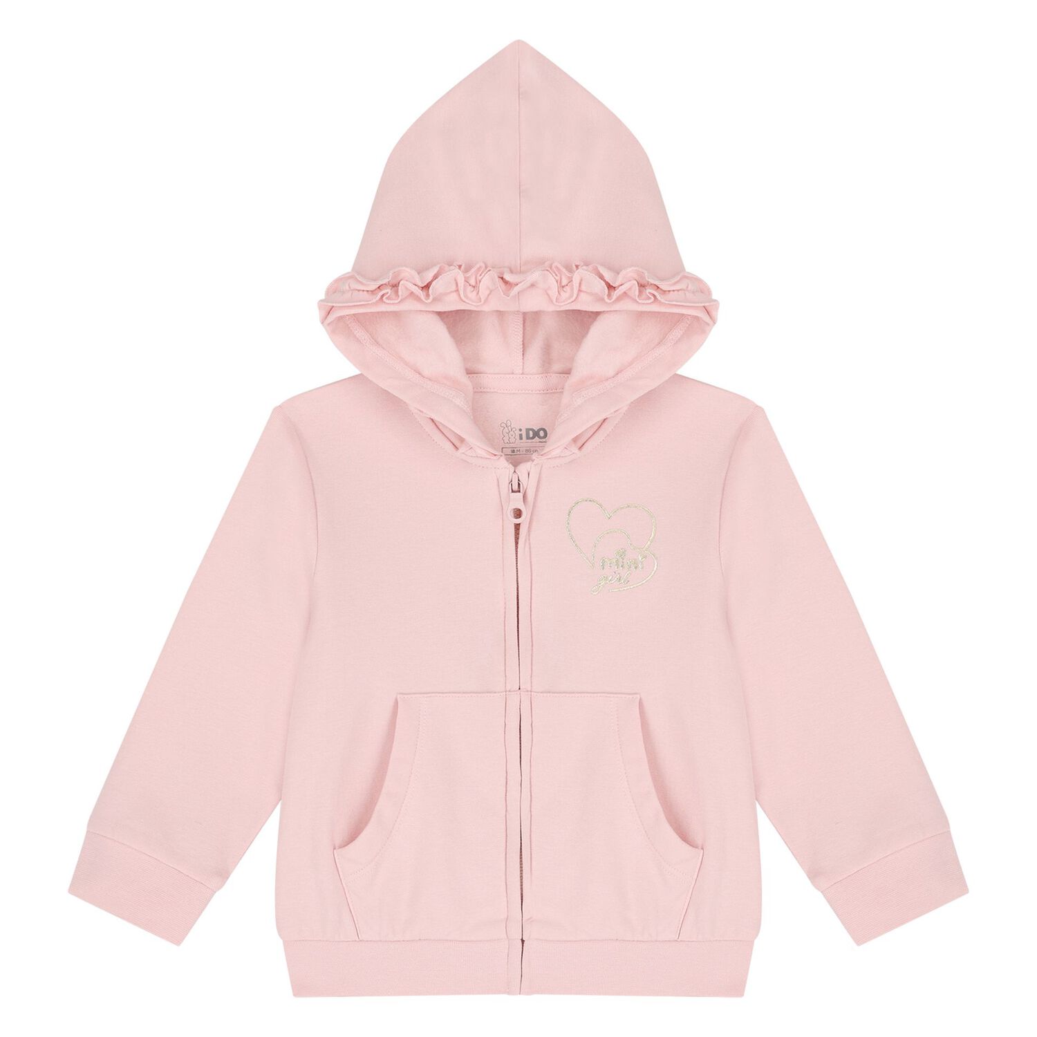 Younger Girls Pink Ruffled Hooded Zip Up Top, 1, hi-res