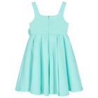 Girls Aqua Satin Floral Applique Dress, 1, hi-res