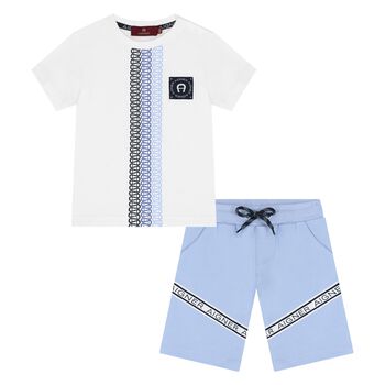 Younger Boys White & Blue Logo Shorts Set