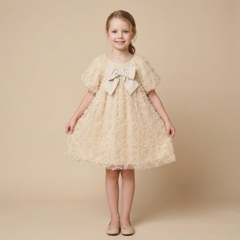 Girls Gold Bow Ruffled Tulle Dress