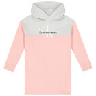 Girls Grey & Pink Logo Hooded Dress, 1, hi-res