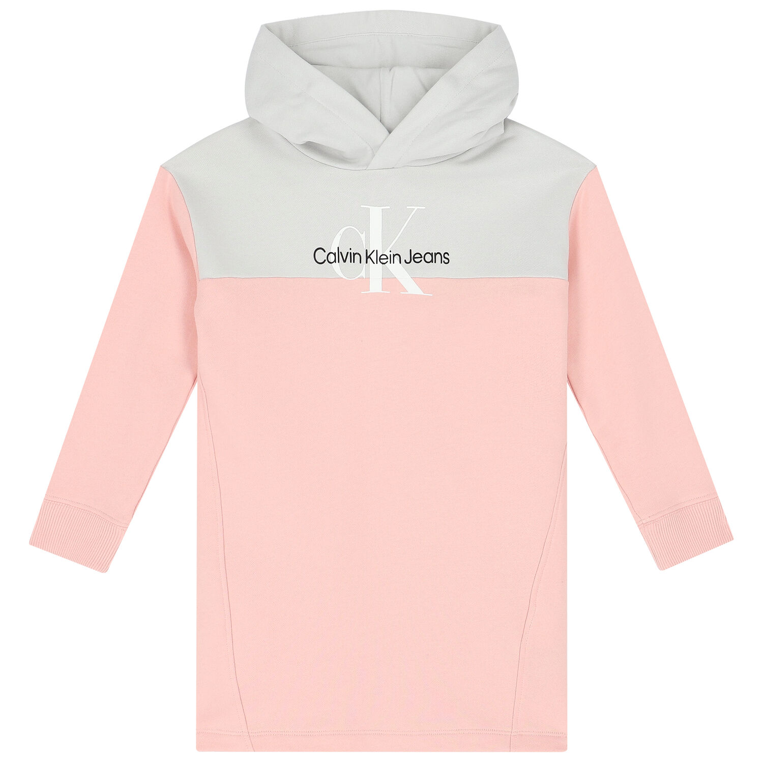 Girls Grey & Pink Logo Hooded Dress, 1, hi-res