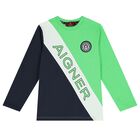 Boys Green & Navy Blue Logo Long Sleeve Top, 1, hi-res