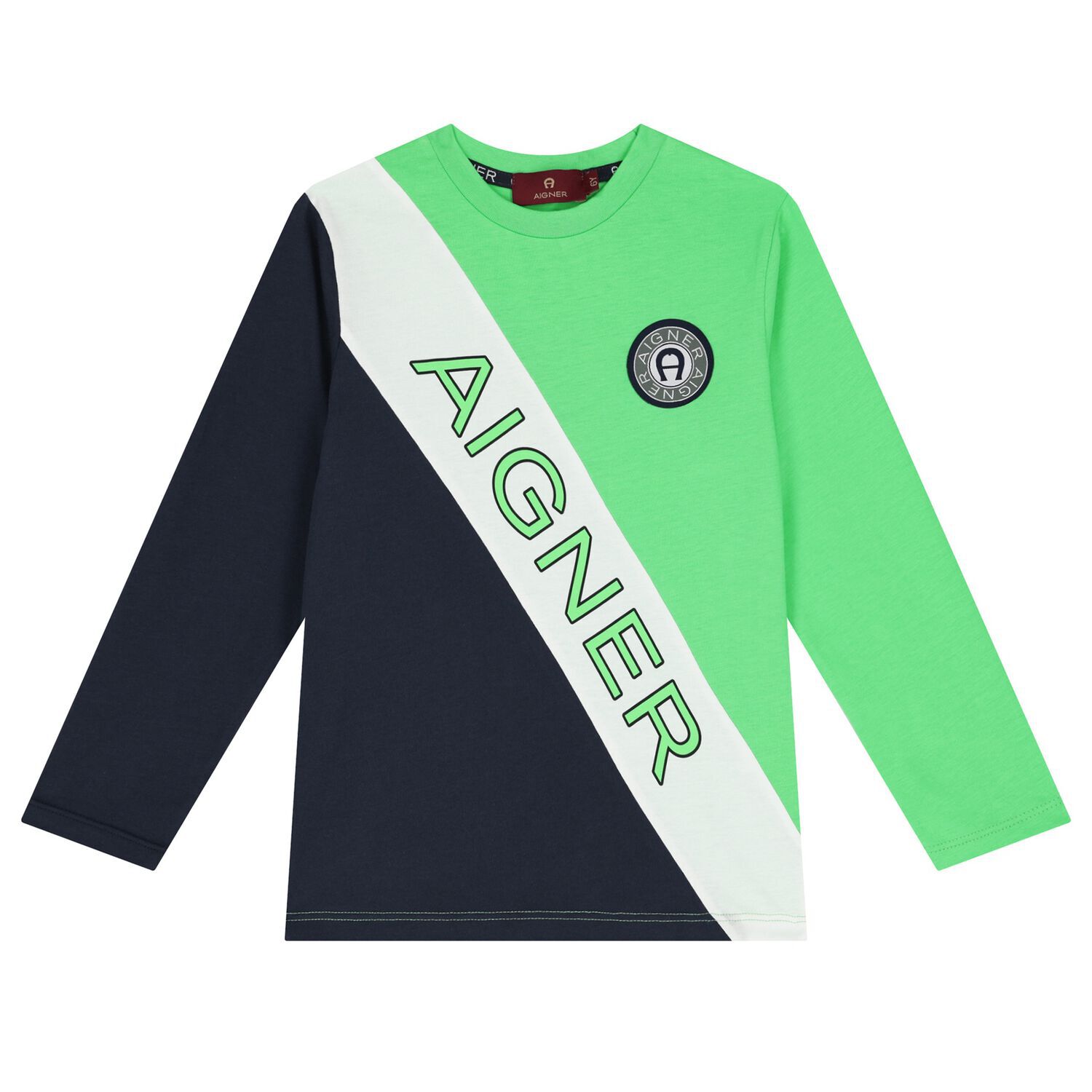 Boys Green & Navy Blue Logo Long Sleeve Top, 1, hi-res