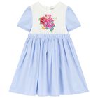 Girls Blue & White Striped Dress With Floral DG Logo, 1, hi-res