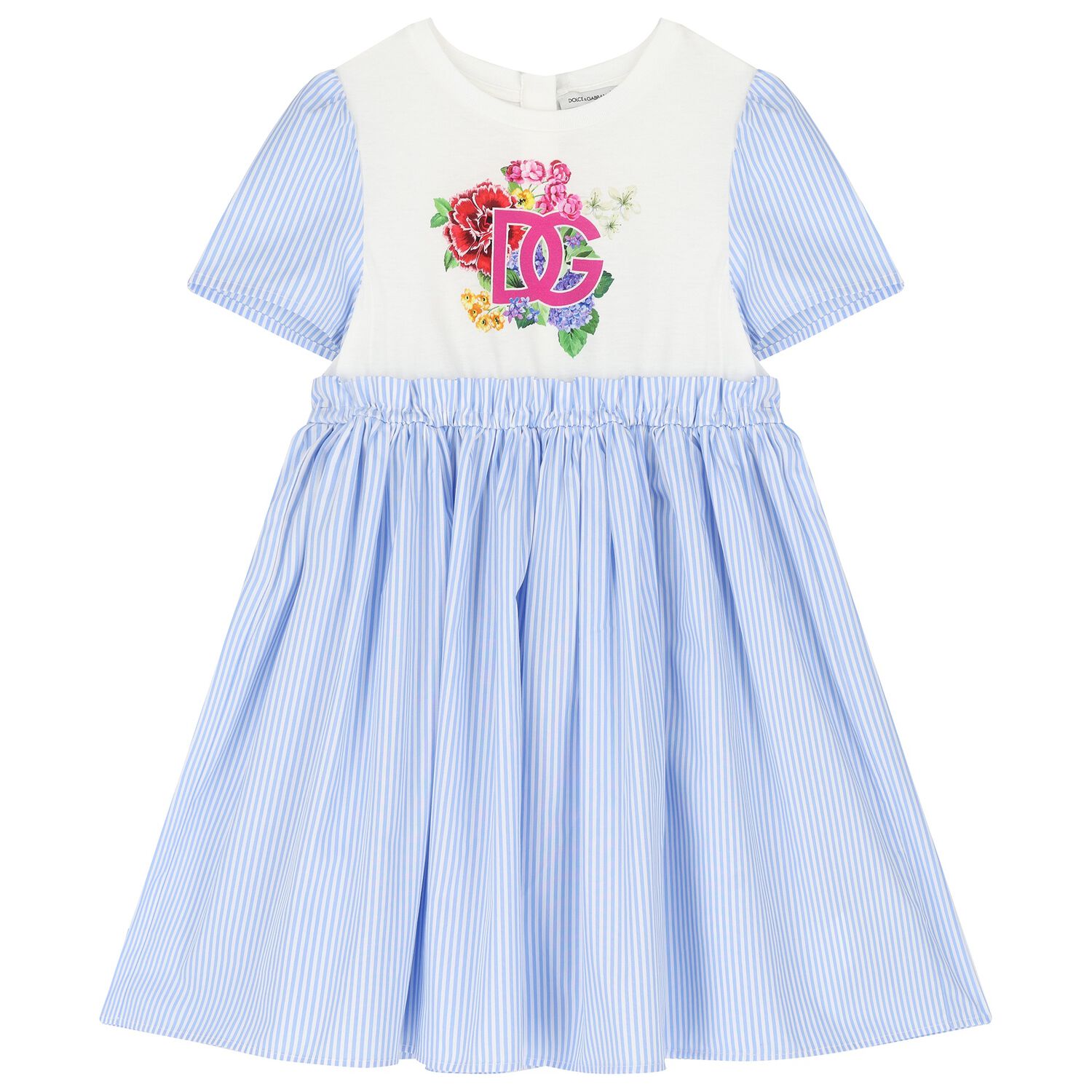 Girls Blue & White Striped Dress With Floral DG Logo, 1, hi-res image number null