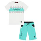 Boys White & Aqua Logo Shorts Set, 2, hi-res