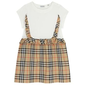 Girls White & Beige Check Ruffled Dress