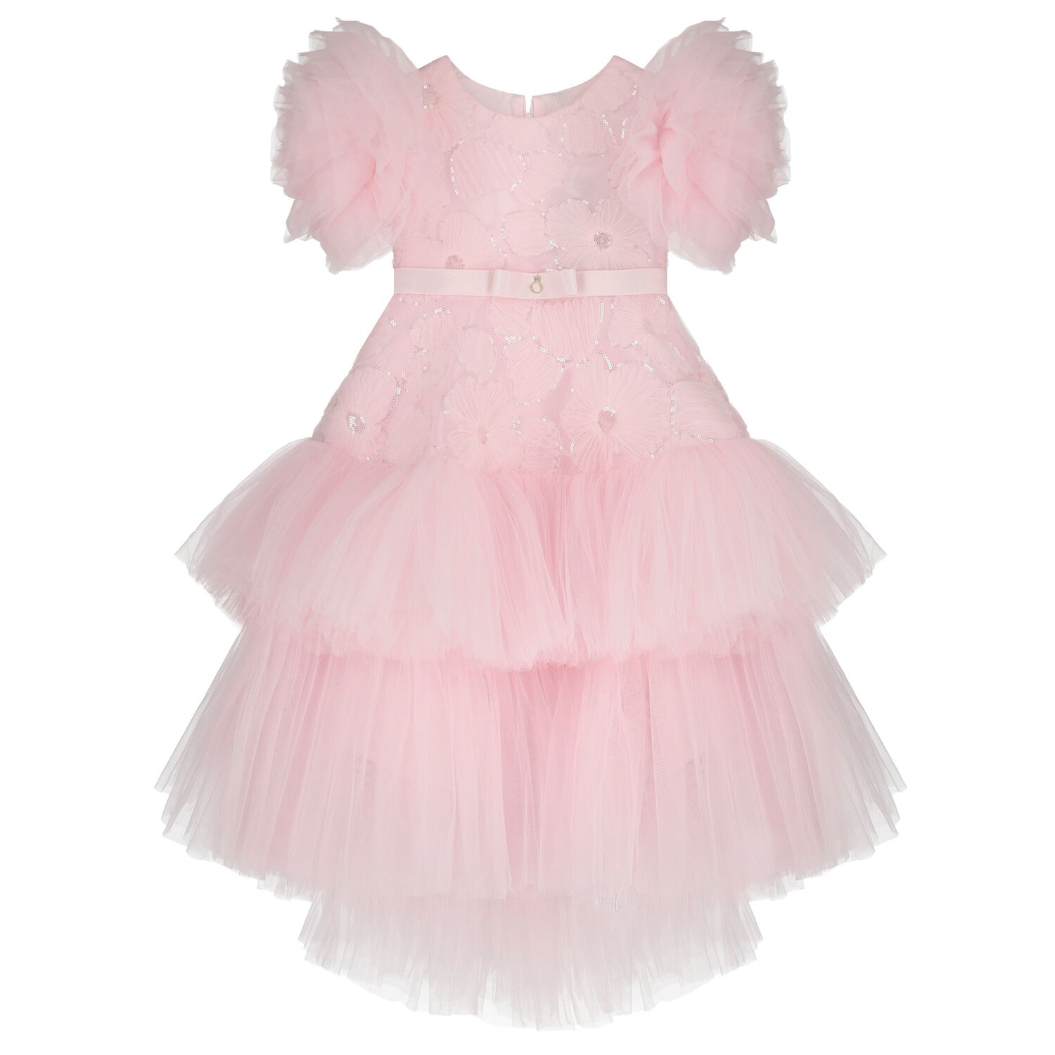 Girls Roshelle Pink Floral Applique Tulle Dress, 1, hi-res
