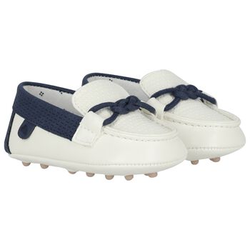 Baby Boys Ivory & Navy Blue Leather Pre Walker Moccasins