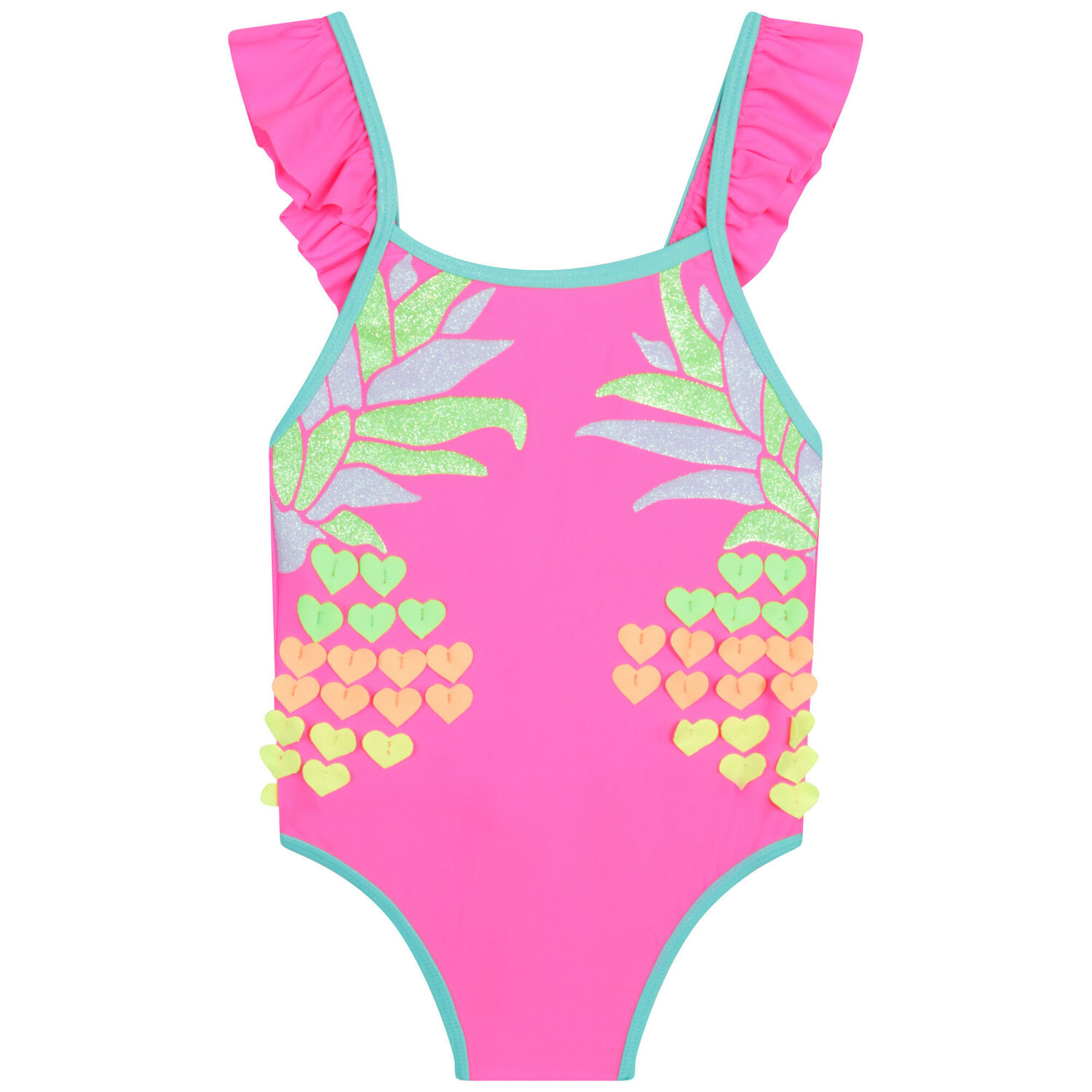 Girls Neon Pink Ruffle Swimsuit, 1, hi-res