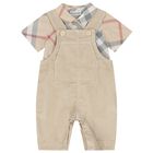 Baby Boys Beige Check Dungaree Set, 1, hi-res