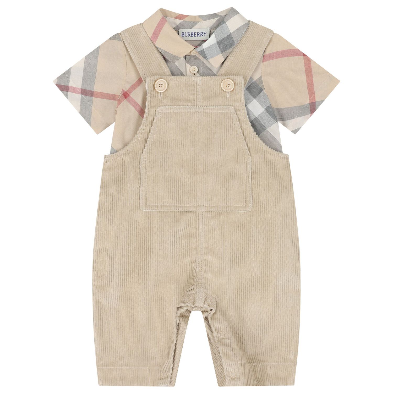 Baby Boys Beige Check Dungaree Set, 1, hi-res