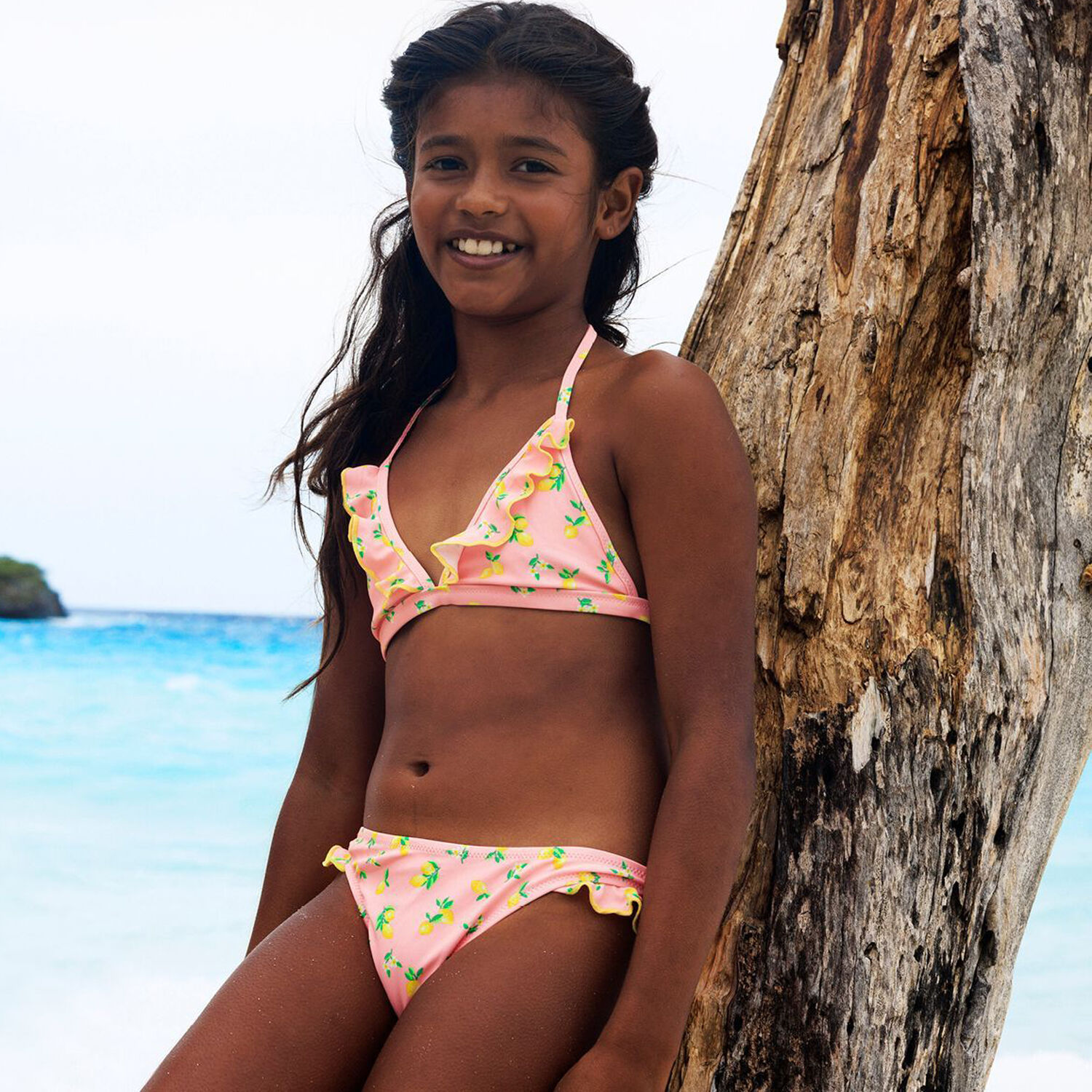 Girls Pink Lemon & Floral Bikini, 1, hi-res