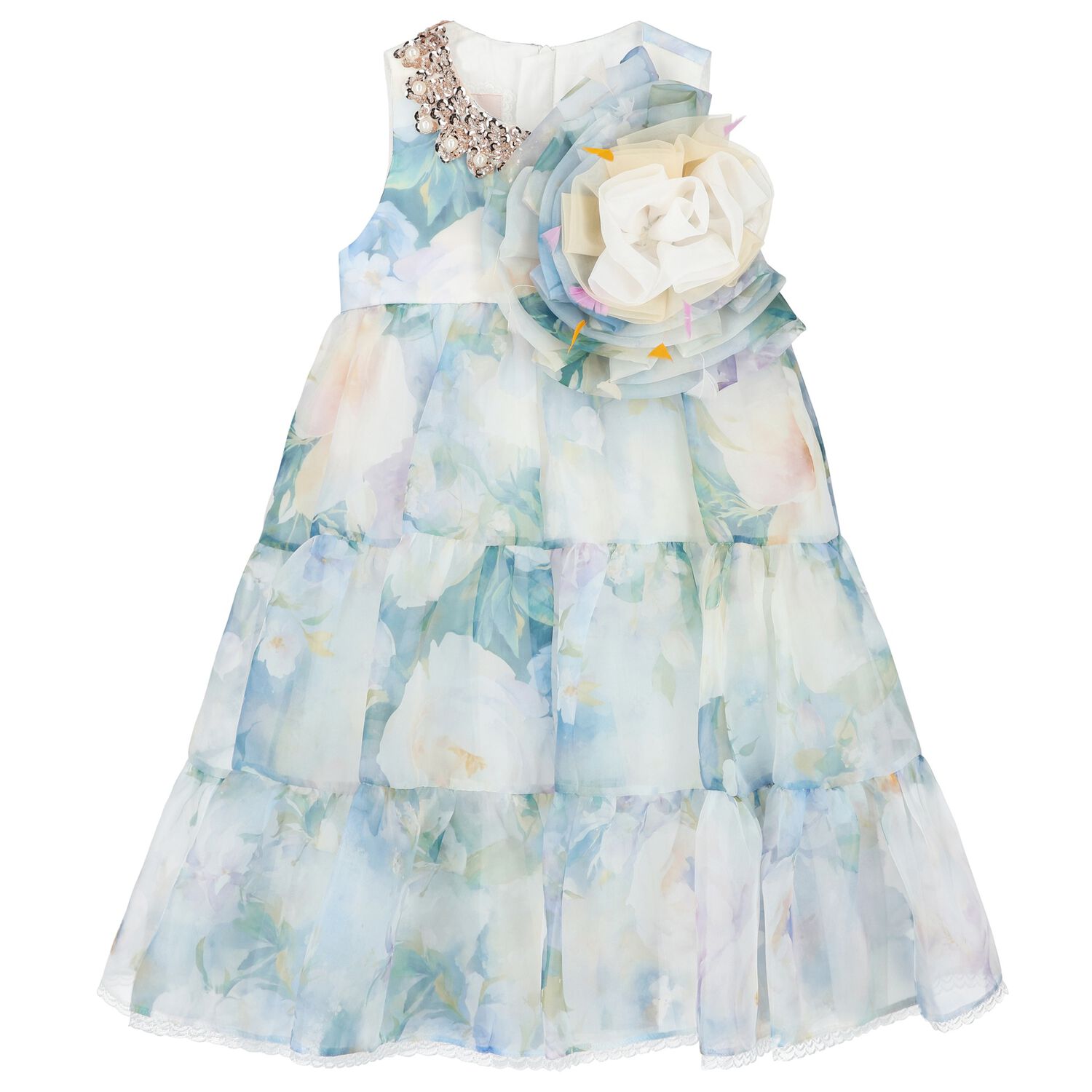 Girls Blue Floral Chiffon Dress, 1, hi-res image number null