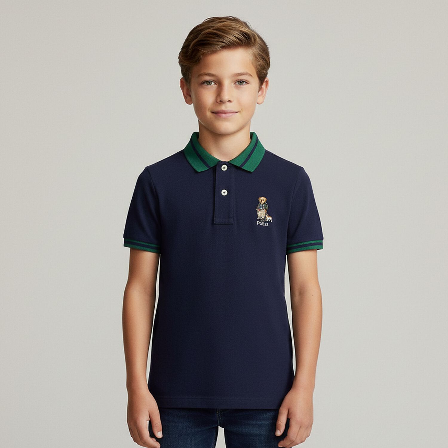 Boys Navy Blue Polo Bear Polo Shirt, 1, hi-res