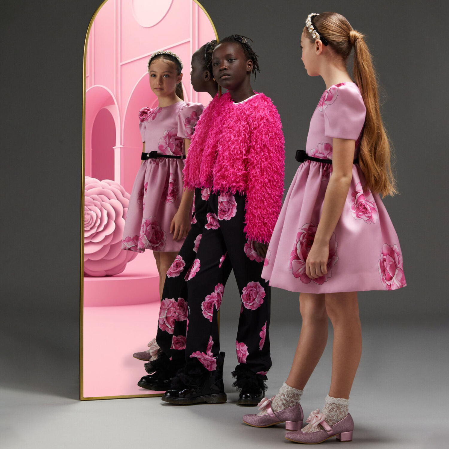 Girls Black & Pink Roses Trousers, 1, hi-res