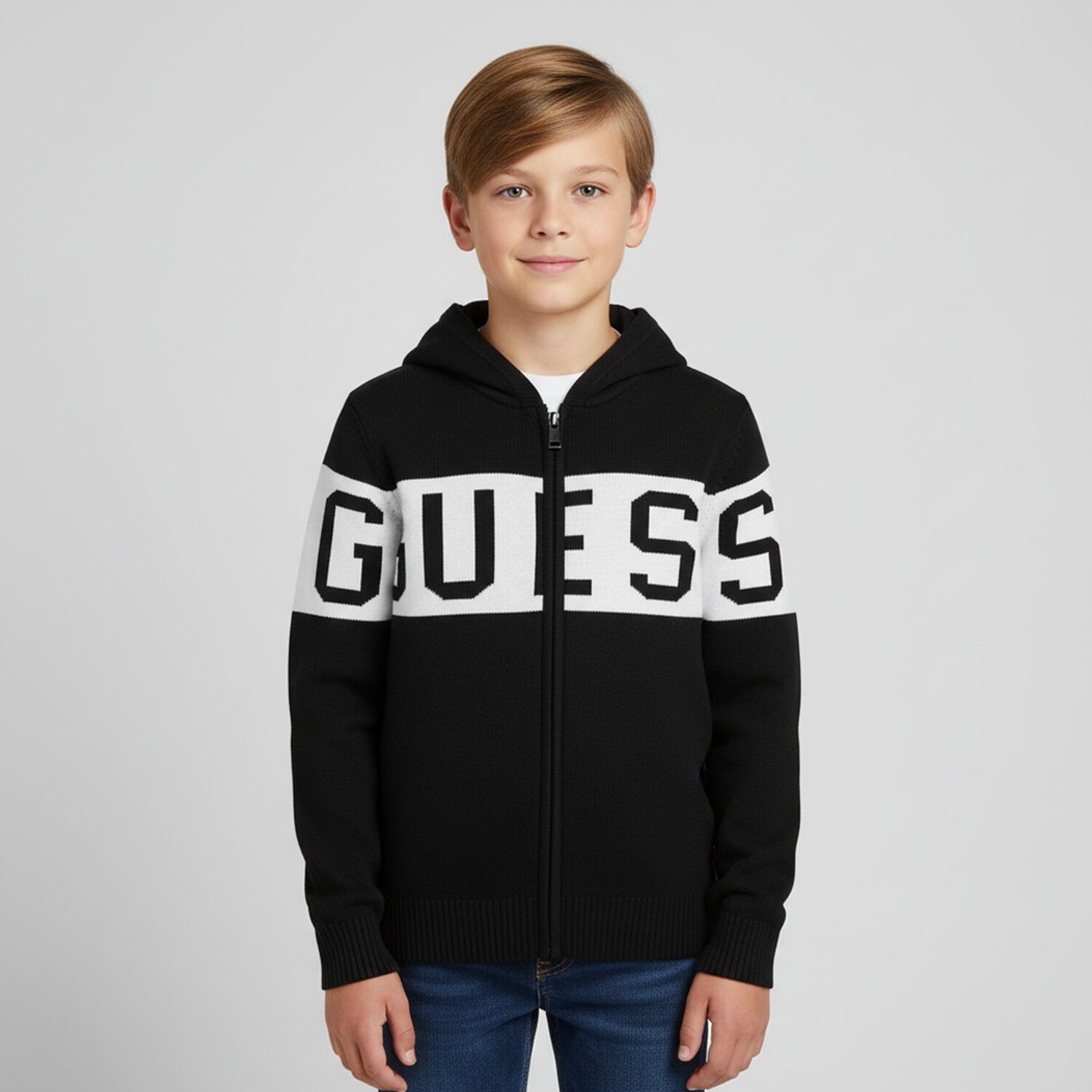 Boys Black & White Logo Knitted Hooded Zip Up Top, 1, hi-res
