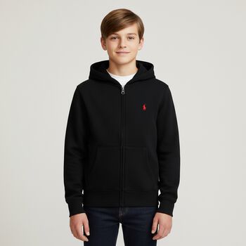 Boys Black Logo Hooded Zip Up Top