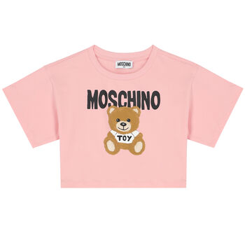 Girls Pink Cropped Teddy Logo T-Shirt